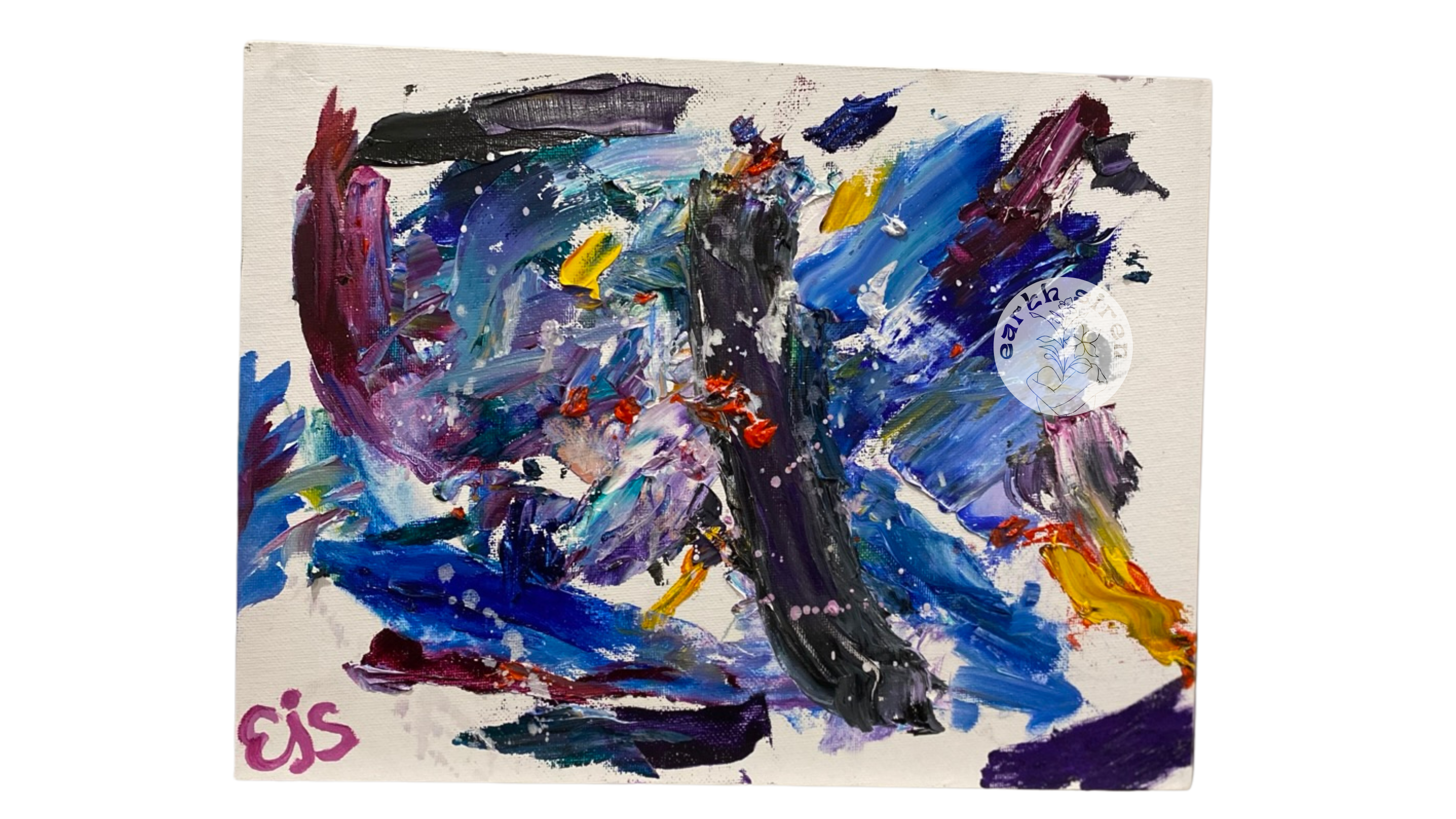 Abstract oil painting by Elizabeth Schirk for The Earth Siren with bold strokes of purple, blue, and yellow in an expressive, energetic style