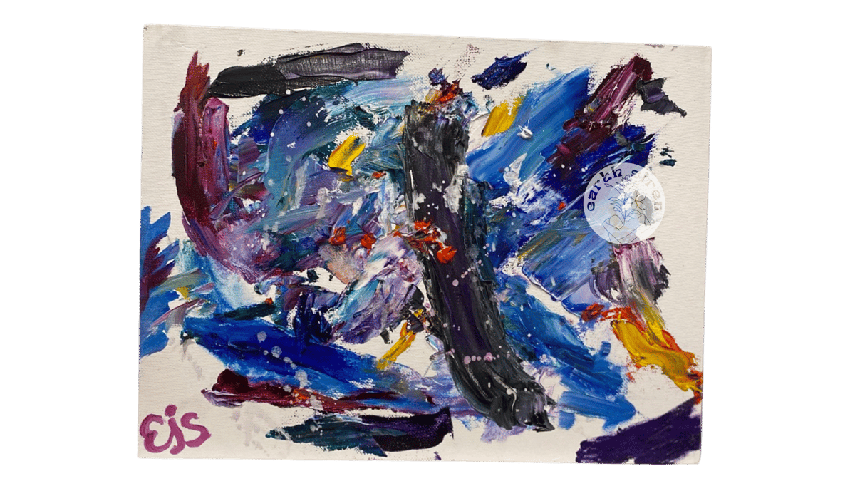 Abstract oil painting by Elizabeth Schirk for The Earth Siren with bold strokes of purple, blue, and yellow in an expressive, energetic style