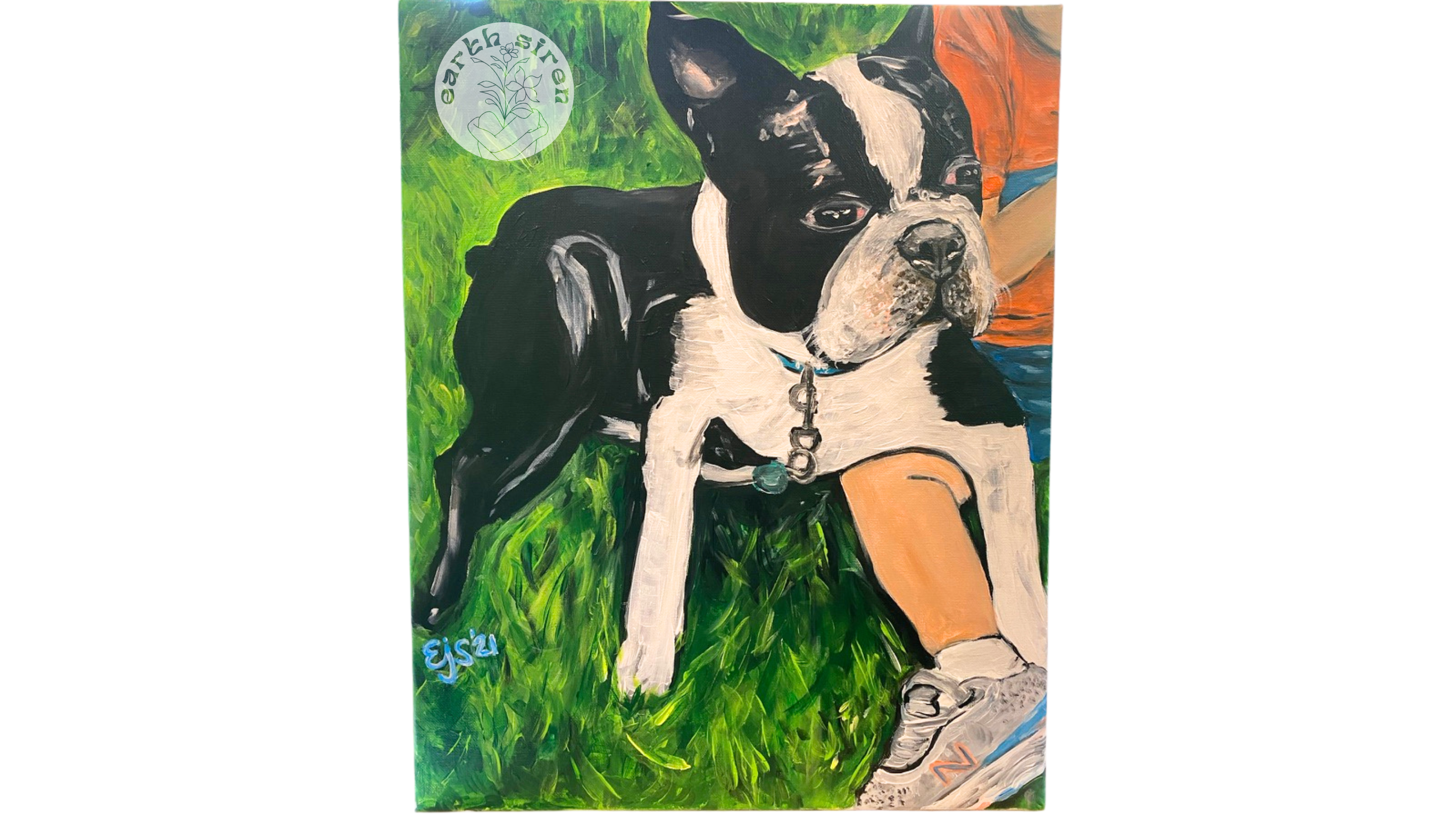 Acrylic dog portrait by Elizabeth Schirk for The Earth Siren featuring a Boston Terrier laying on grass beside a person’s legs