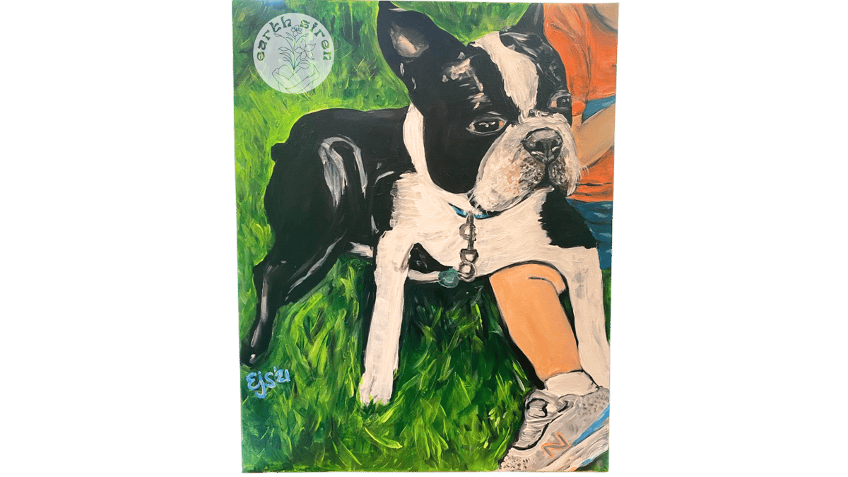 Acrylic dog portrait by Elizabeth Schirk for The Earth Siren featuring a Boston Terrier laying on grass beside a person’s legs