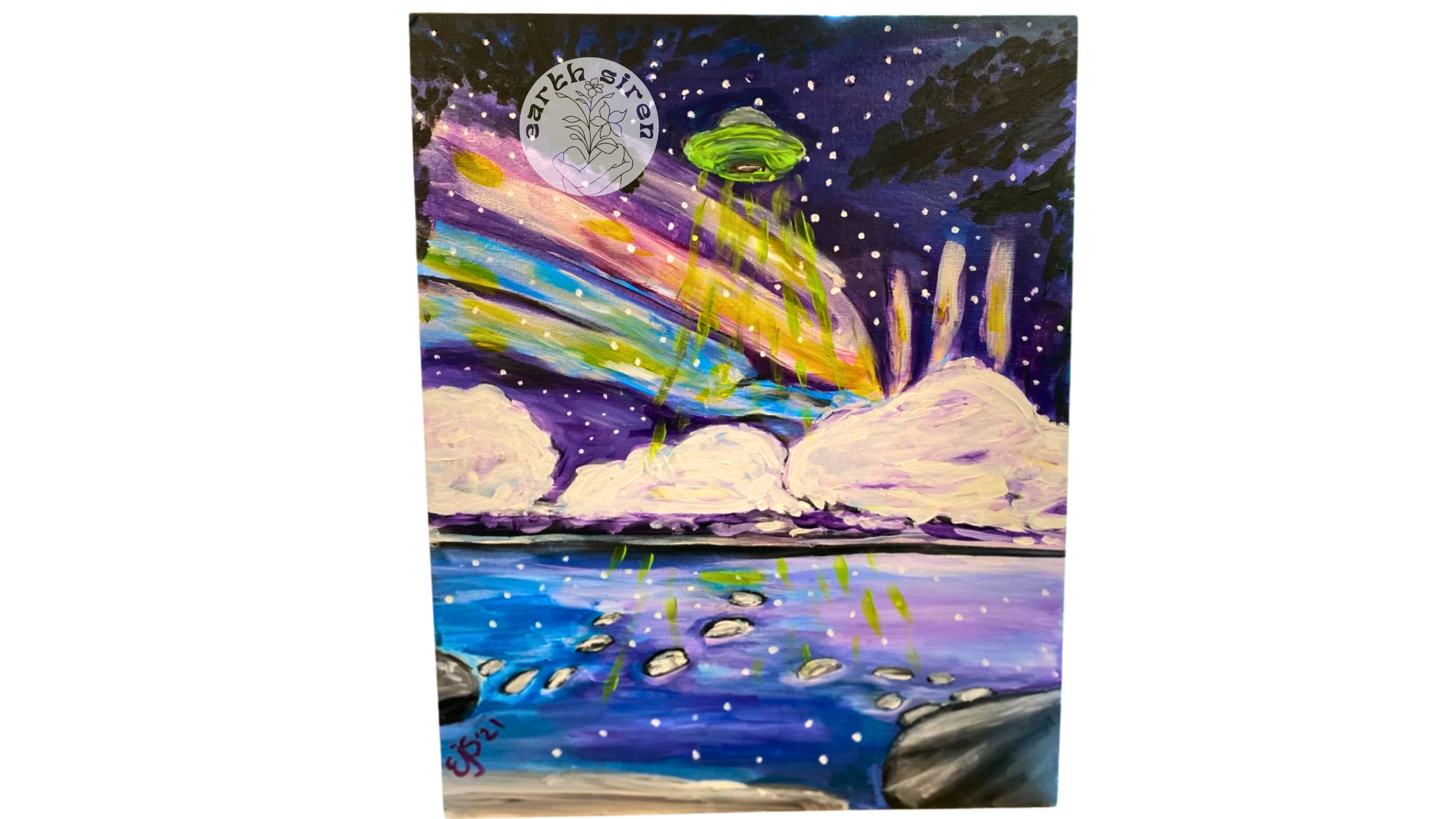 Acrylic painting by Elizabeth Schirk for The Earth Siren featuring a UFO beaming light over water under a vibrant, cosmic night sky