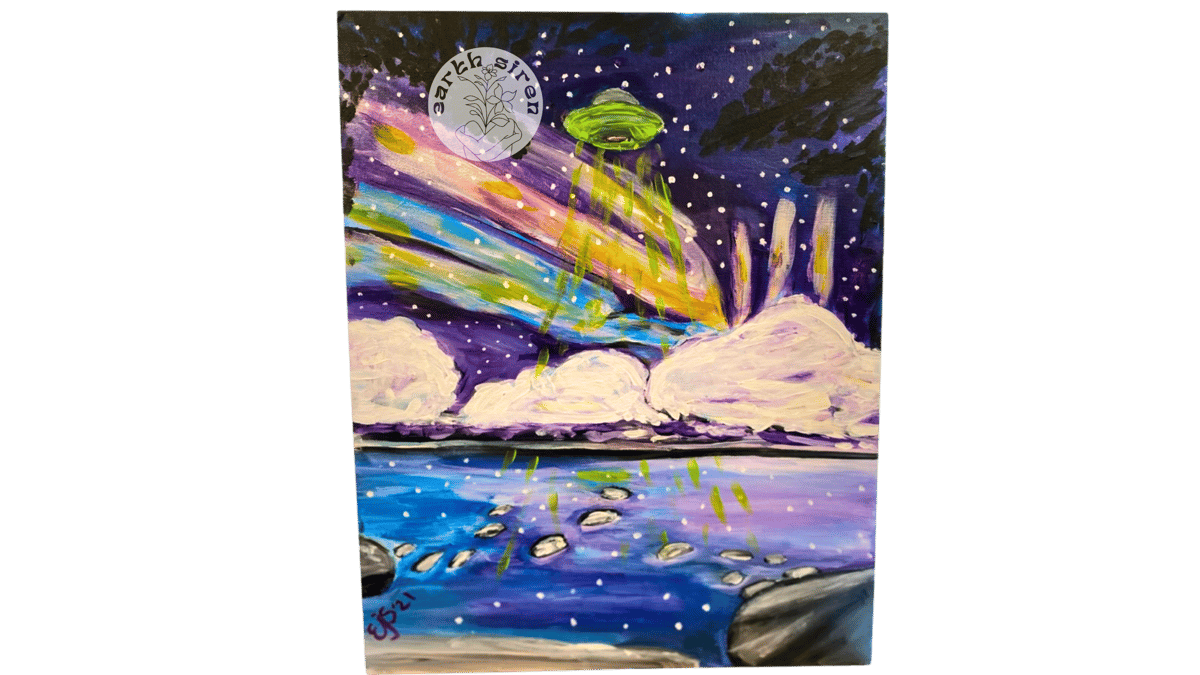 Acrylic painting by Elizabeth Schirk for The Earth Siren featuring a UFO beaming light over water under a vibrant, cosmic night sky