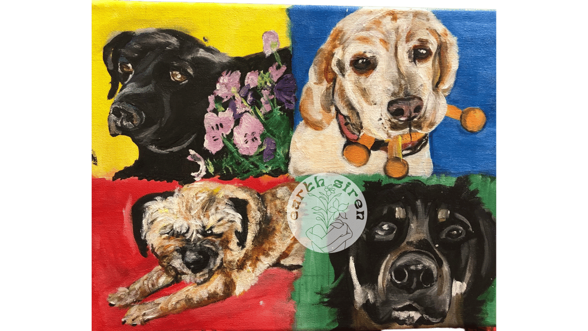 Acrylic painting by Elizabeth Schirk for The Earth Siren featuring four expressive dogs against bold red, yellow, blue, and green backgrounds. Custom pet portrait artwork