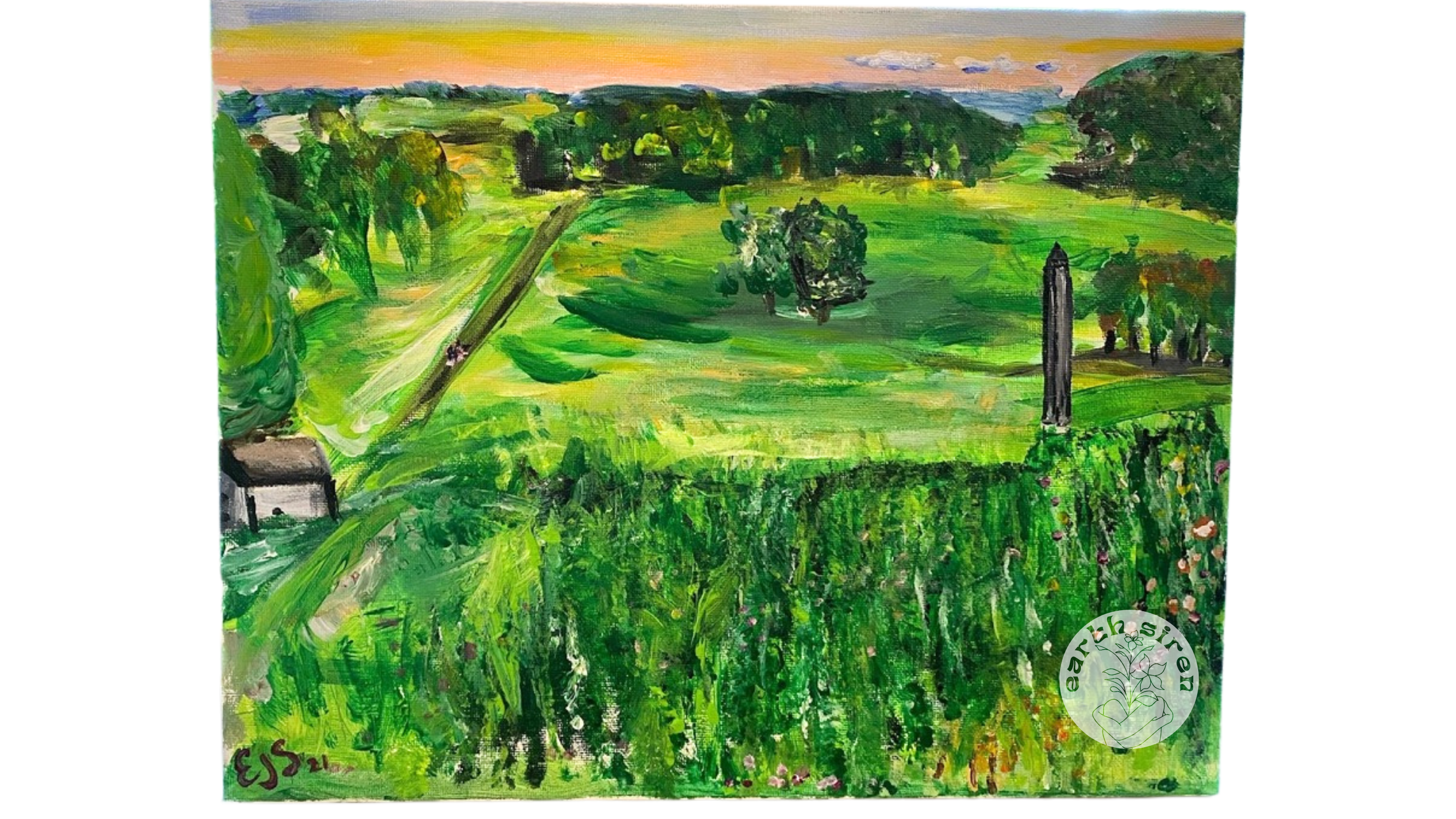 Acrylic painting by Elizabeth Schirk for The Earth Siren of Valley Forge National Park in summer, with lush green fields, distant trees, and soft rolling hills