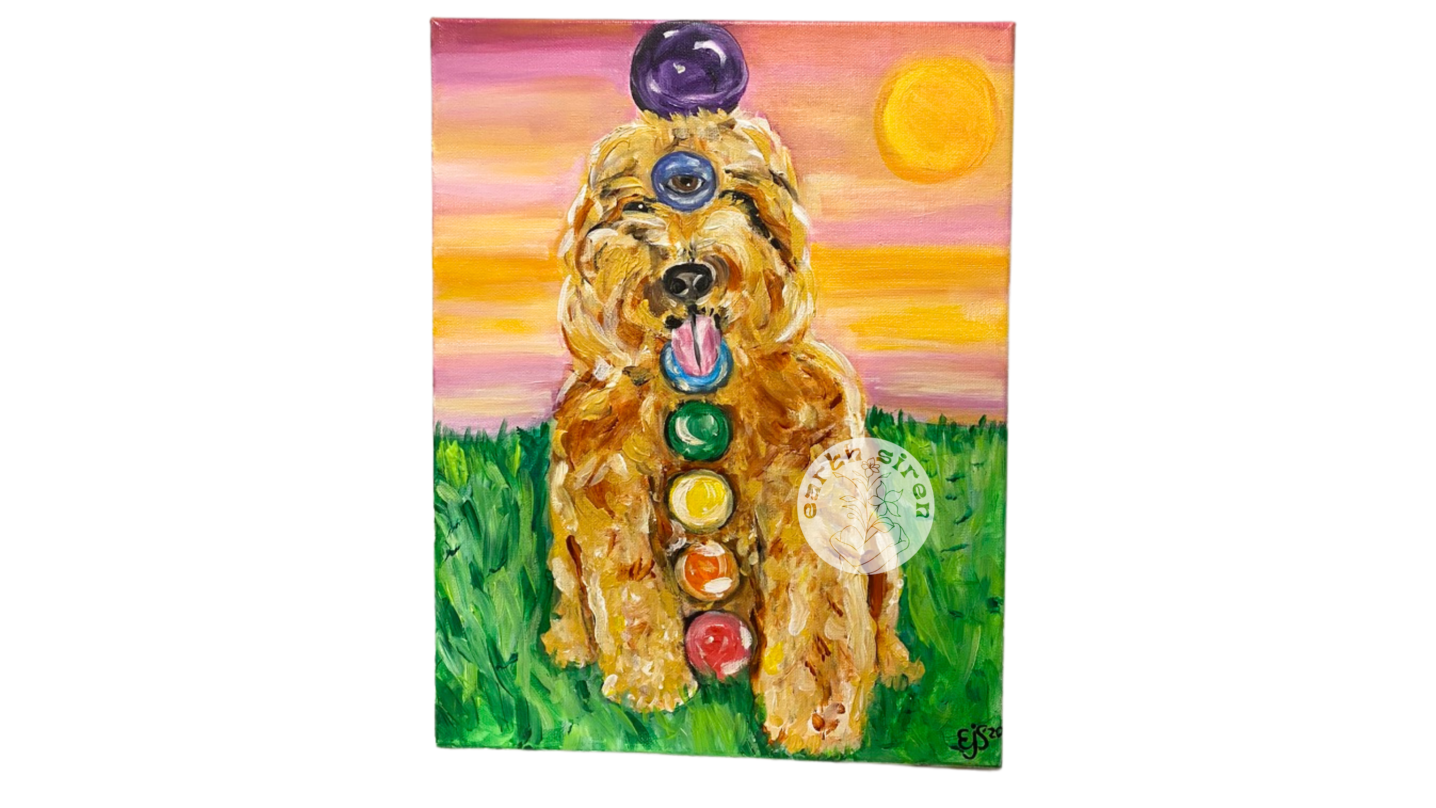Acrylic painting by Elizabeth Schirk for The Earth Siren of a golden dog with chakra symbols aligned up its body and a third eye beneath the sun