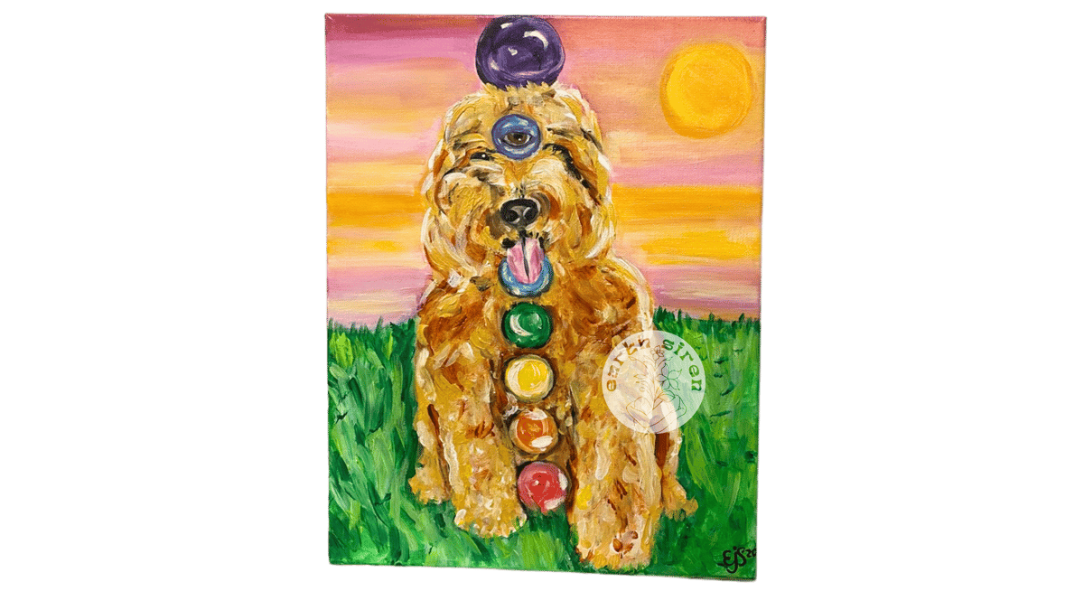 Acrylic painting by Elizabeth Schirk for The Earth Siren of a golden dog with chakra symbols aligned up its body and a third eye beneath the sun