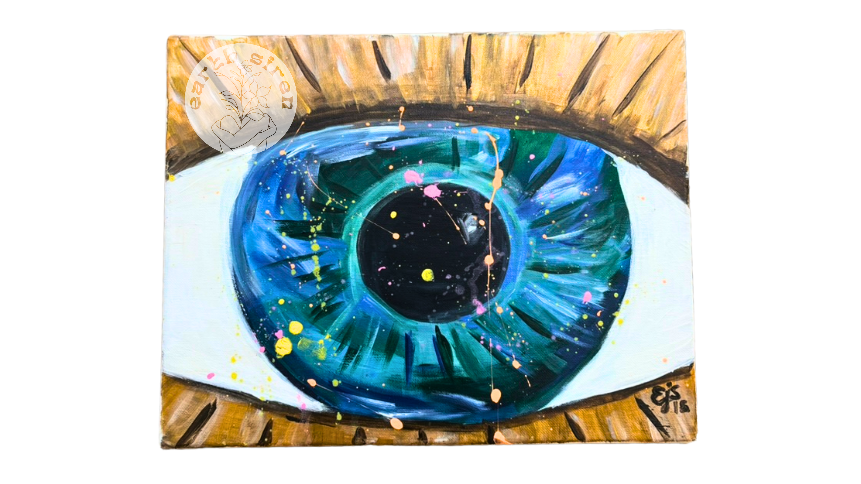 Acrylic painting by Elizabeth Schirk for The Earth Siren of a large blue eye with stars and galaxy-inspired details, symbolizing inner vision
