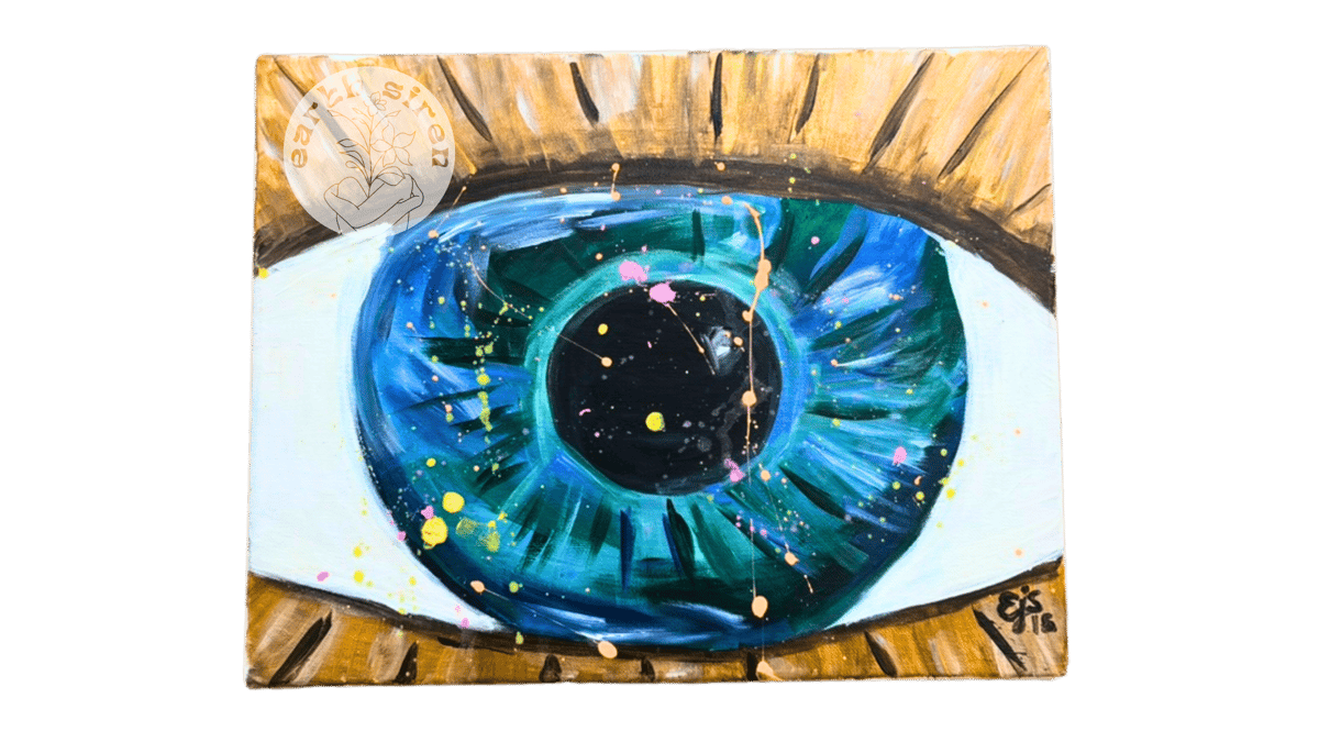 Acrylic painting by Elizabeth Schirk for The Earth Siren of a large blue eye with stars and galaxy-inspired details, symbolizing inner vision