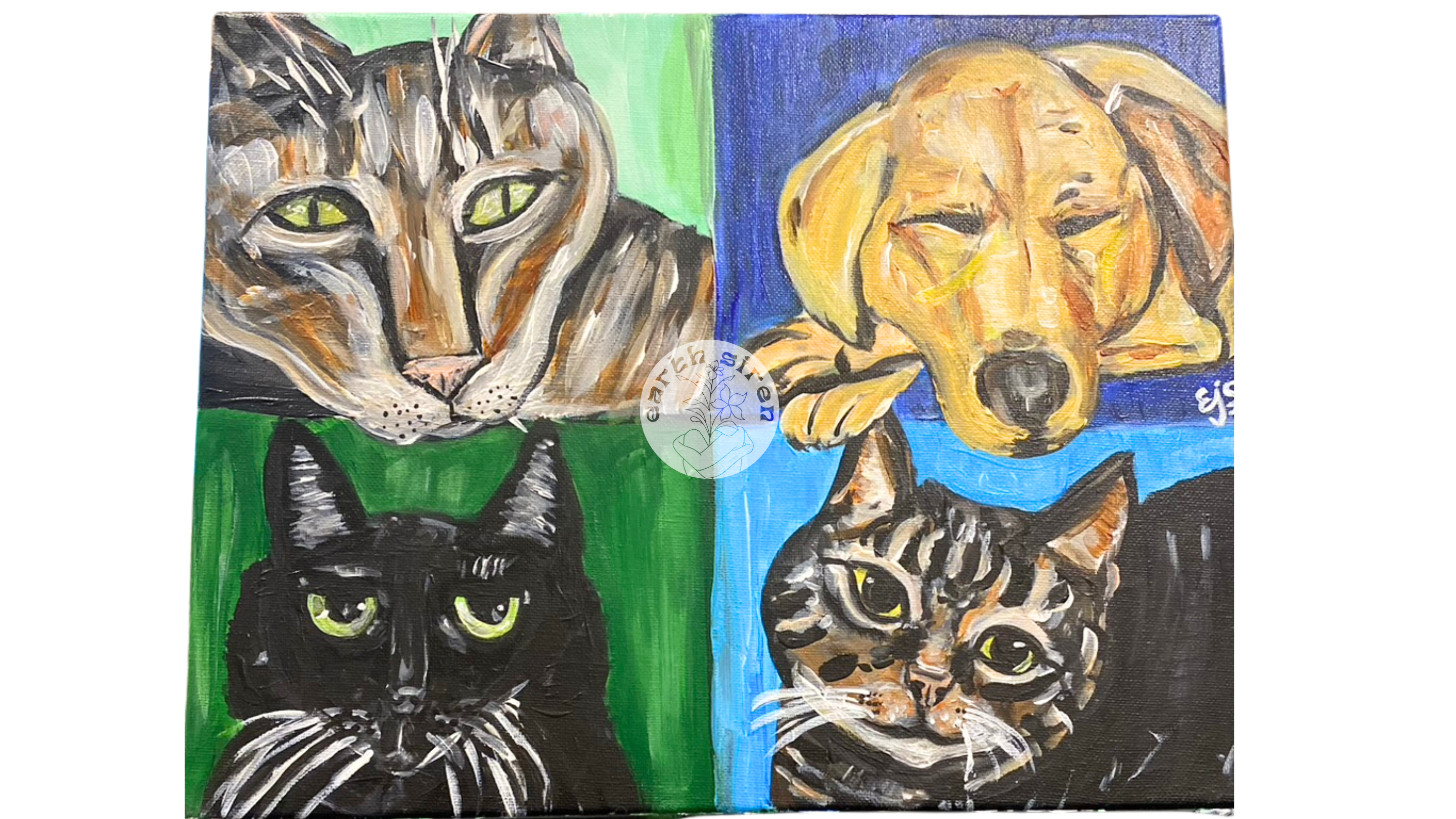 Acrylic painting by Elizabeth Schirk for The Earth Siren of three cats and a yellow dog in Pop Art-style colored squares