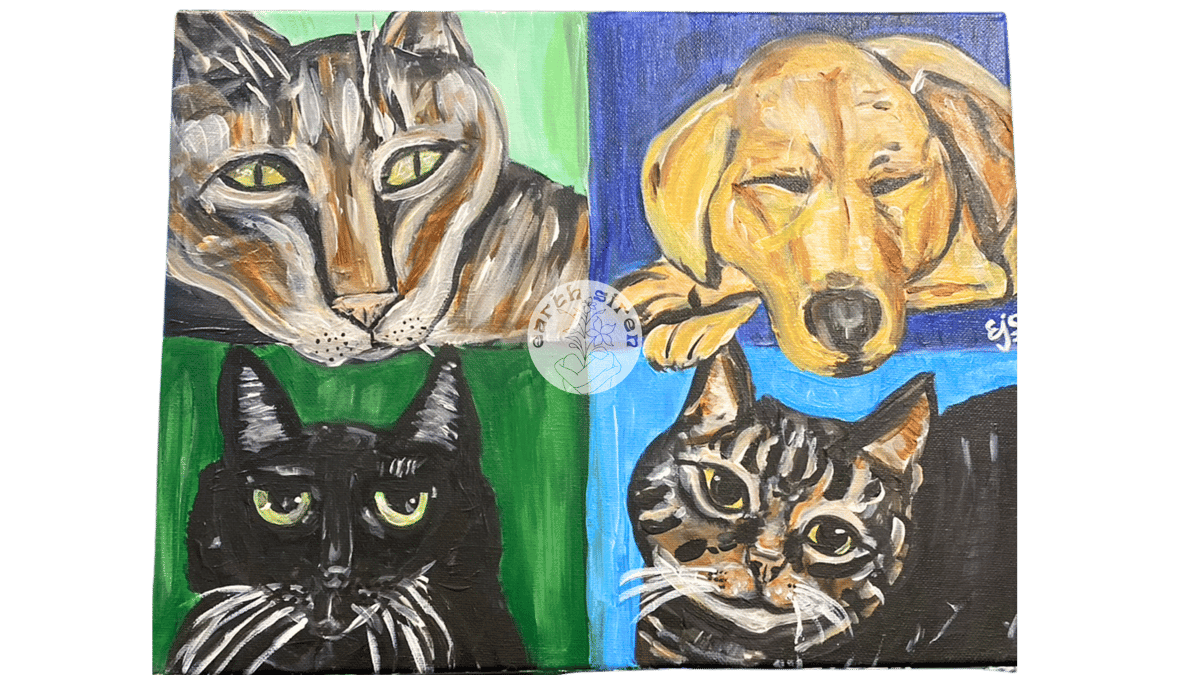 Acrylic painting by Elizabeth Schirk for The Earth Siren of three cats and a yellow dog in Pop Art-style colored squares