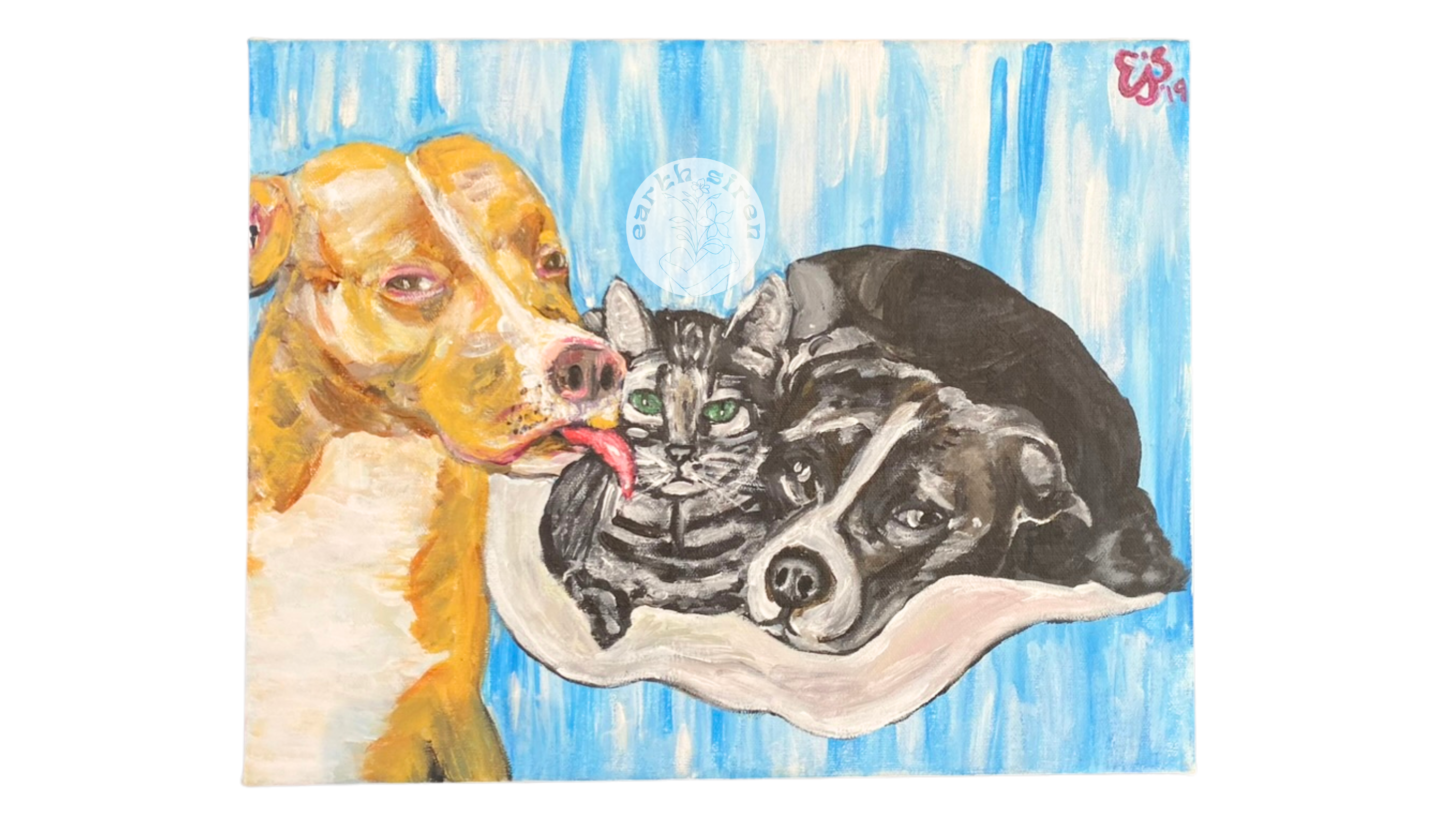 Acrylic painting by Elizabeth Schirk for The Earth Siren showing a pitbull licking a cat, with another dog resting nearby — a tender pet portrait