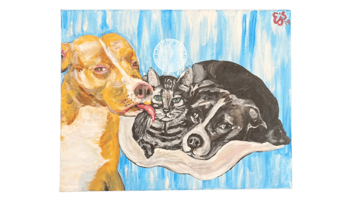 Acrylic painting by Elizabeth Schirk for The Earth Siren showing a pitbull licking a cat, with another dog resting nearby — a tender pet portrait