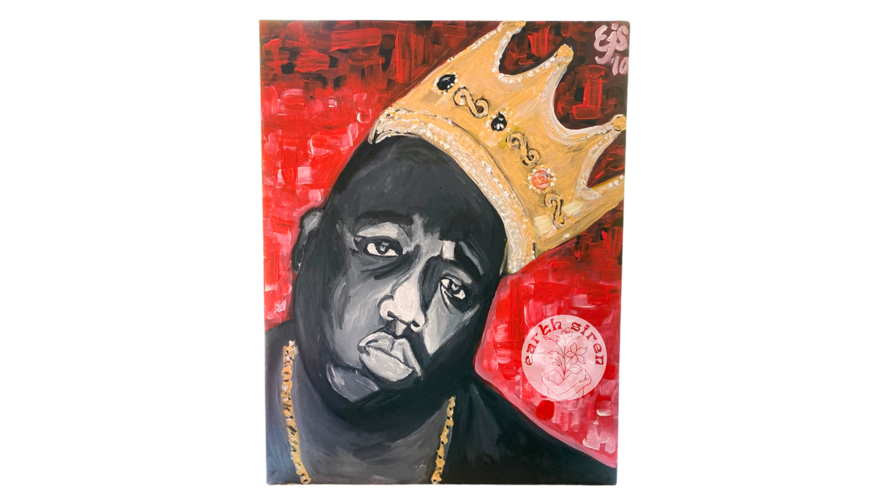 Acrylic portrait by Elizabeth Schirk for The Earth Siren of rapper Notorious B.I.G. in a crown, set against a red background. Iconic pop culture tribute