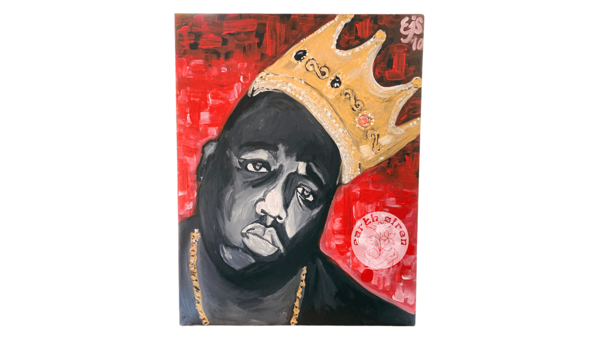 Acrylic portrait by Elizabeth Schirk for The Earth Siren of rapper Notorious B.I.G. in a crown, set against a red background. Iconic pop culture tribute