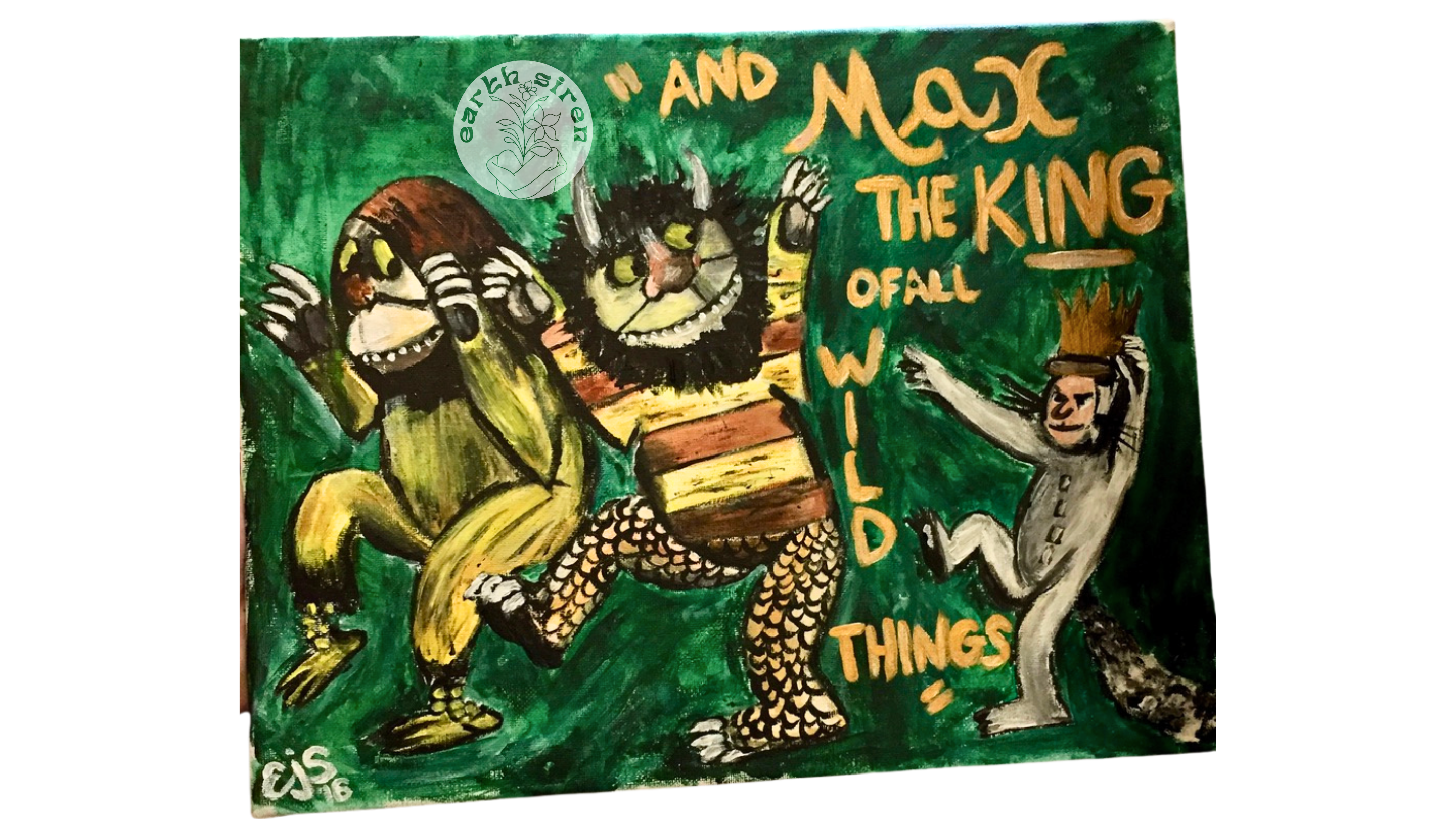 Acrylic tribute painting by Elizabeth Schirk for The Earth Siren inspired by “Where the Wild Things Are” with Max and the monsters dancing