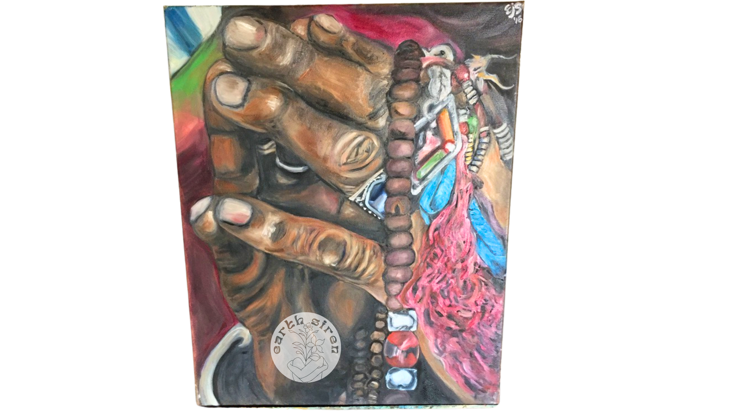 Detailed oil painting by Elizabeth Schirk for The Earth Siren showing hands holding beads and spiritual tokens, symbolizing ritual and heritage