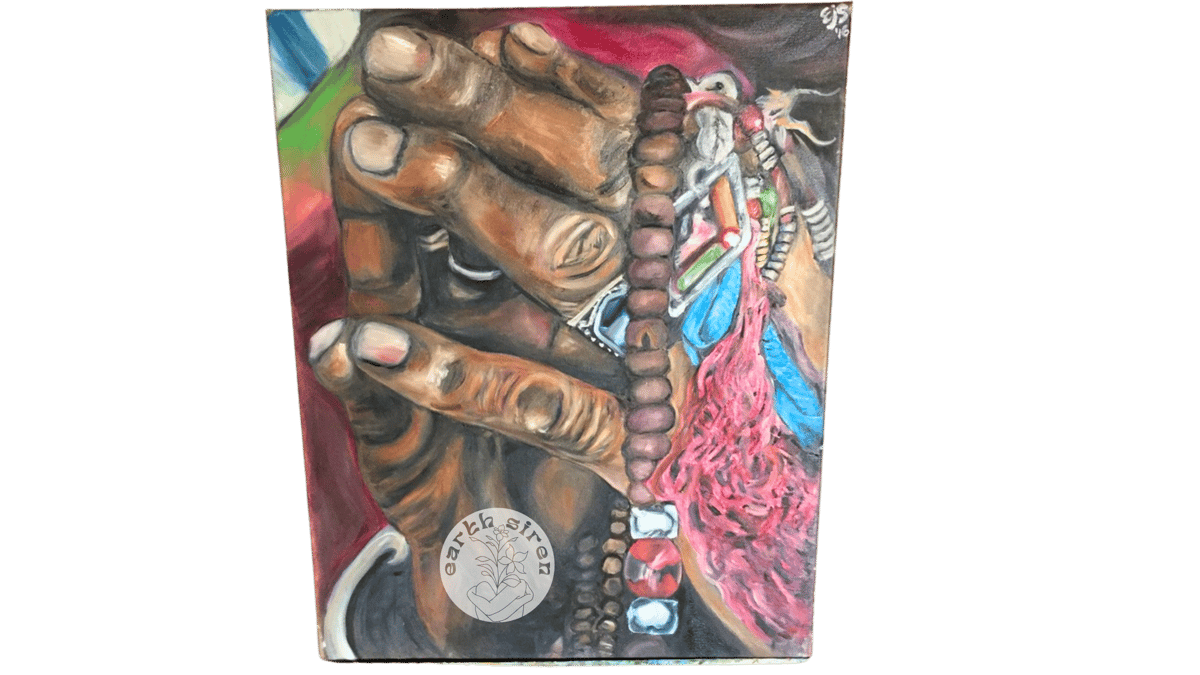 Detailed oil painting by Elizabeth Schirk for The Earth Siren showing hands holding beads and spiritual tokens, symbolizing ritual and heritage