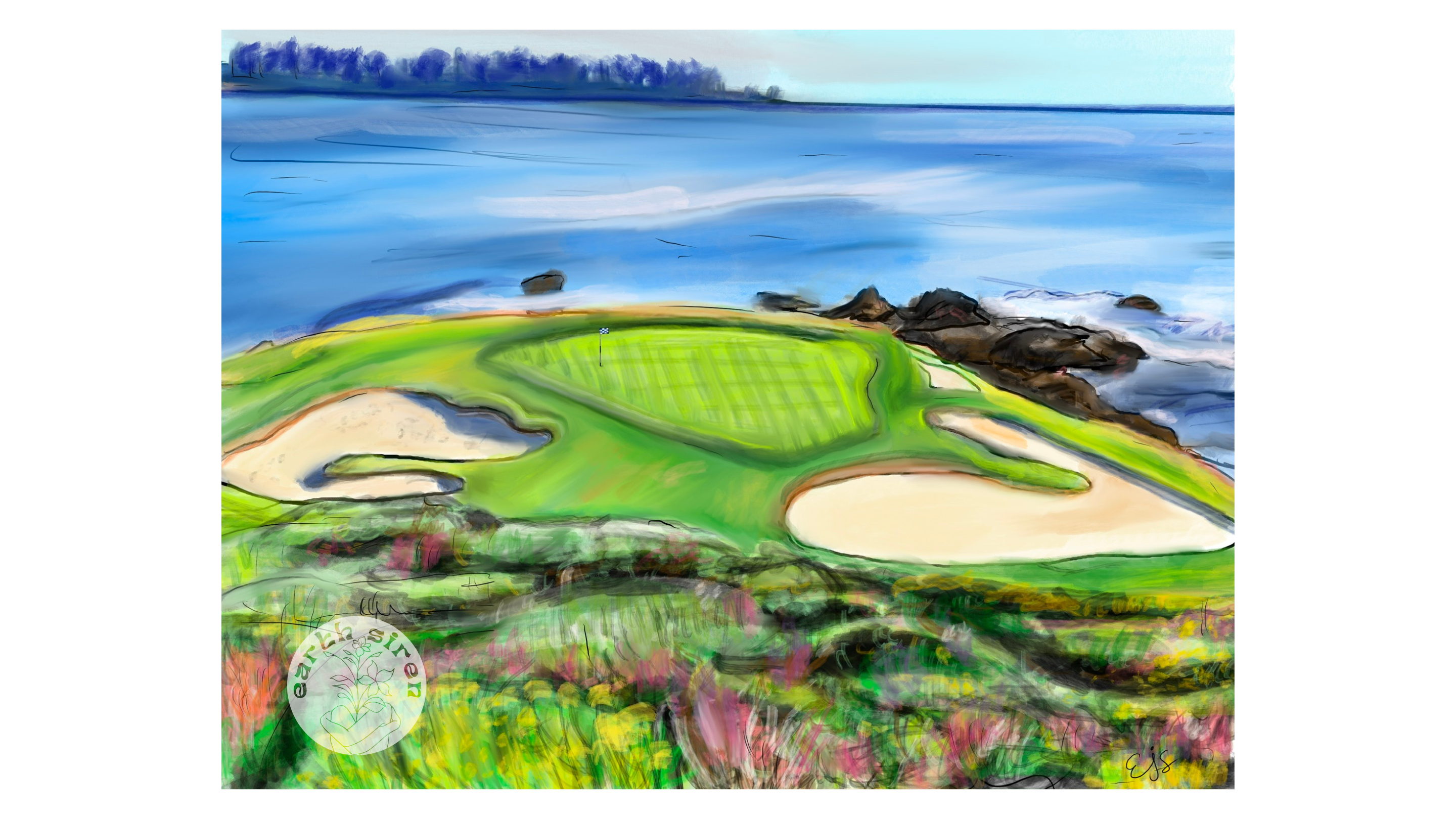 Digital artwork by Elizabeth Schirk for The Earth Siren of a lush golf course by the sea, showing soft terrain and water under a pastel sky