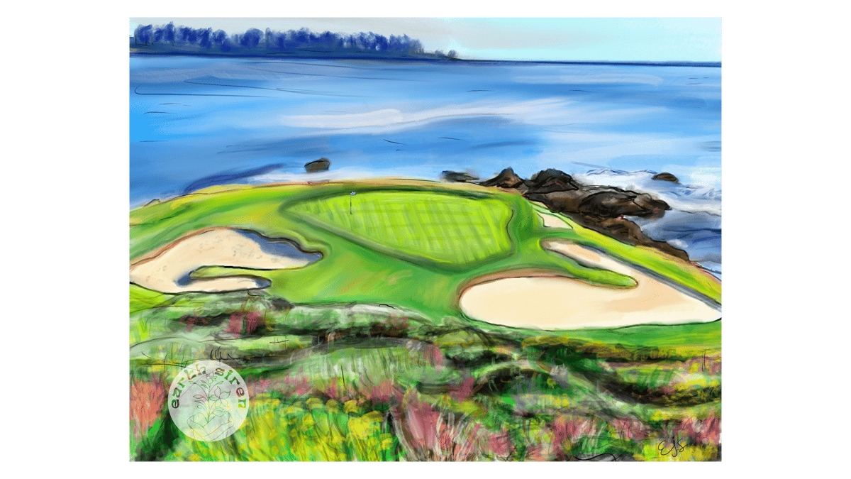 Digital artwork by Elizabeth Schirk for The Earth Siren of a lush golf course by the sea, showing soft terrain and water under a pastel sky