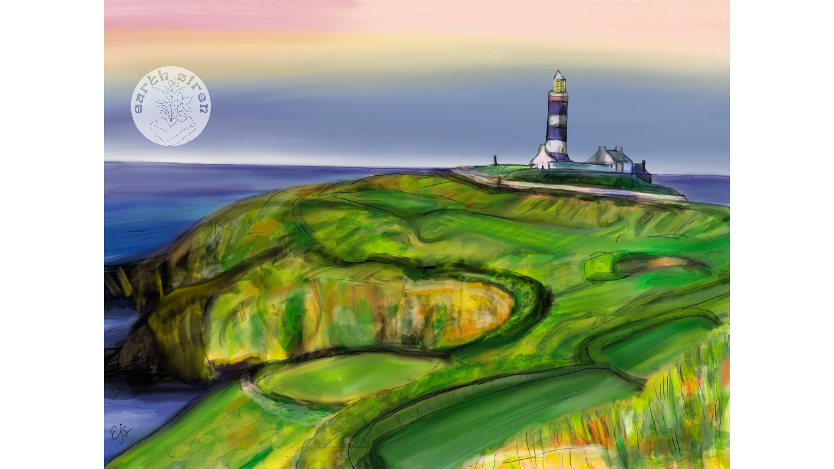 Digital landscape by Elizabeth Schirk for The Earth Siren showing a coastal cliff and lighthouse at sunset with dreamy green hills and a purple sky