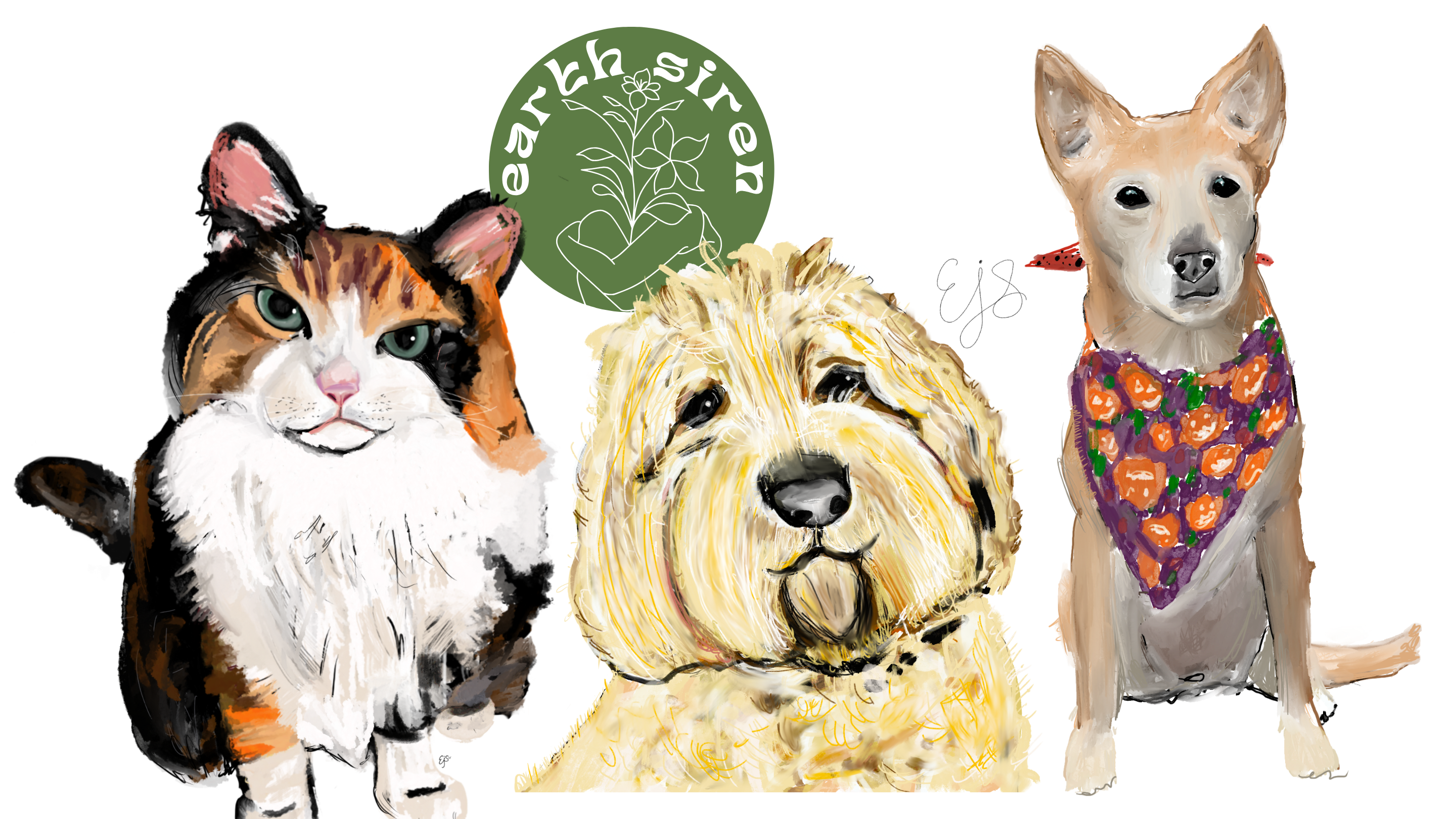 Digital pet portraits by Elizabeth Schirk for The Earth Siren showing a cat and two dogs with hand-drawn detail and soft colors. Earth Siren logo above