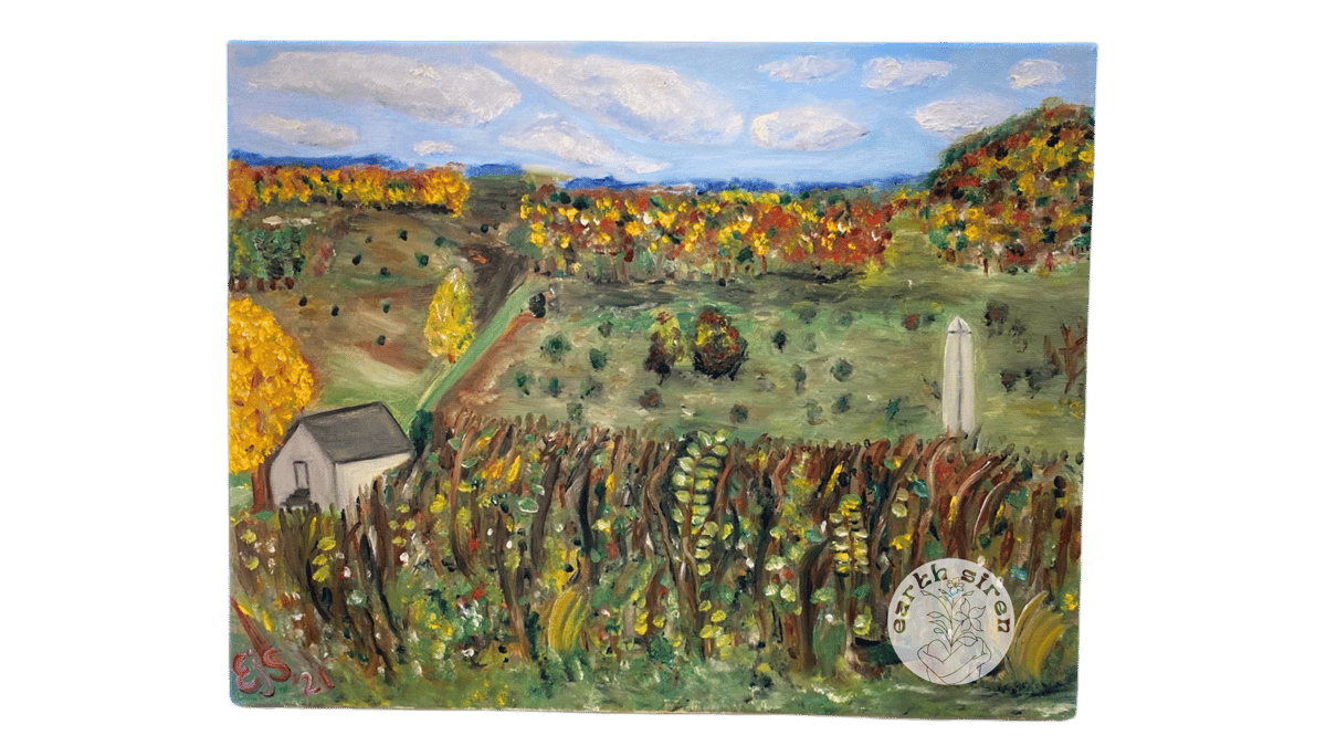 Oil landscape painting by Elizabeth Schirk for The Earth Siren of Valley Forge National Park in peak autumn, featuring golden trees, winding paths, and historic farmland