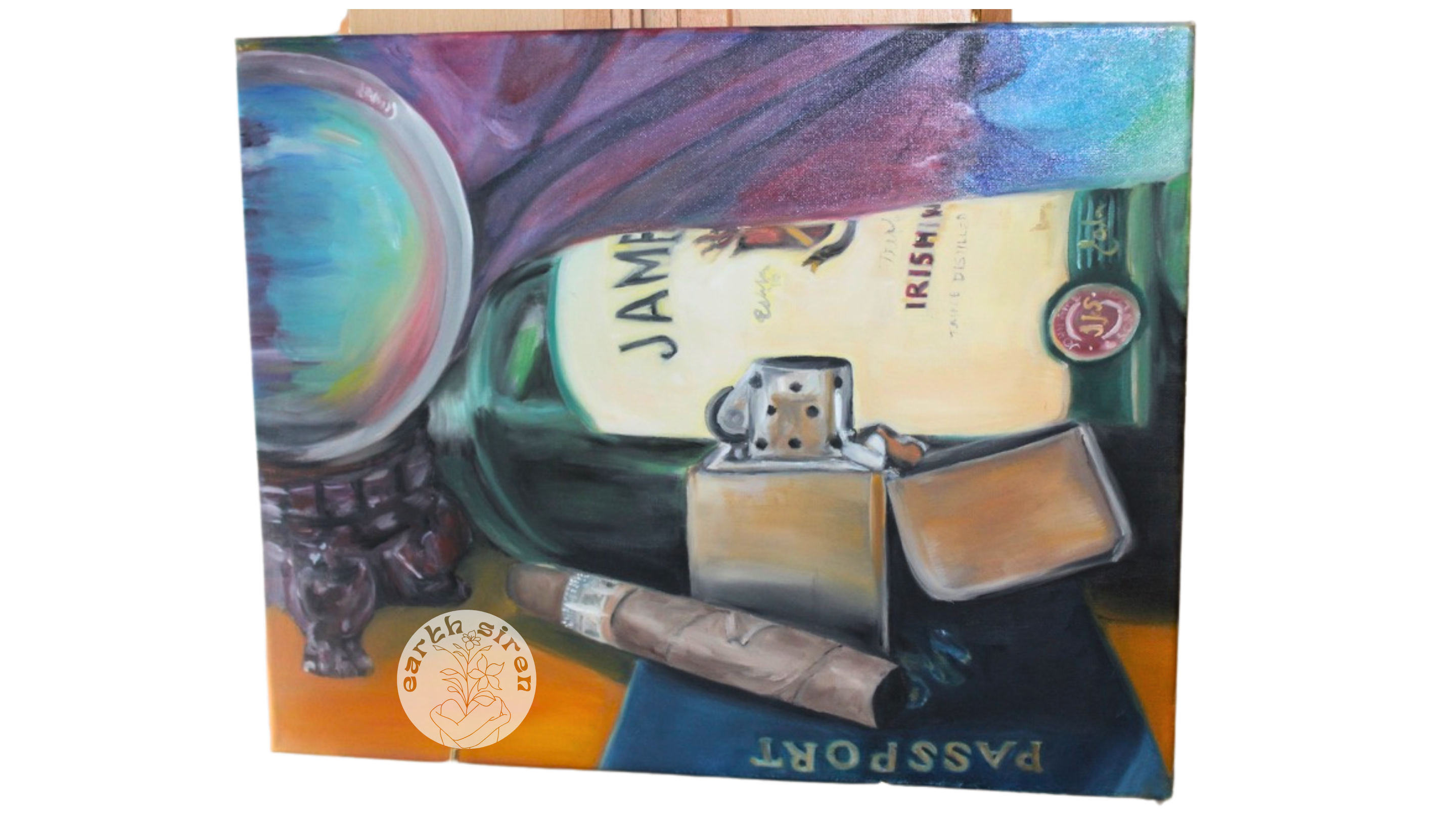 Oil painting by Elizabeth Schirk for The Earth Siren featuring a bottle of Jameson, a lighter, and a cigar in a moody, reflective still life