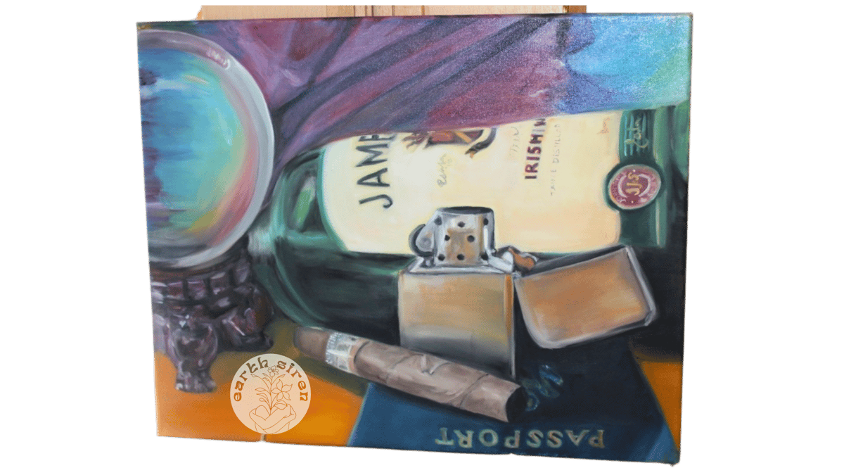 Oil painting by Elizabeth Schirk for The Earth Siren featuring a bottle of Jameson, a lighter, and a cigar in a moody, reflective still life