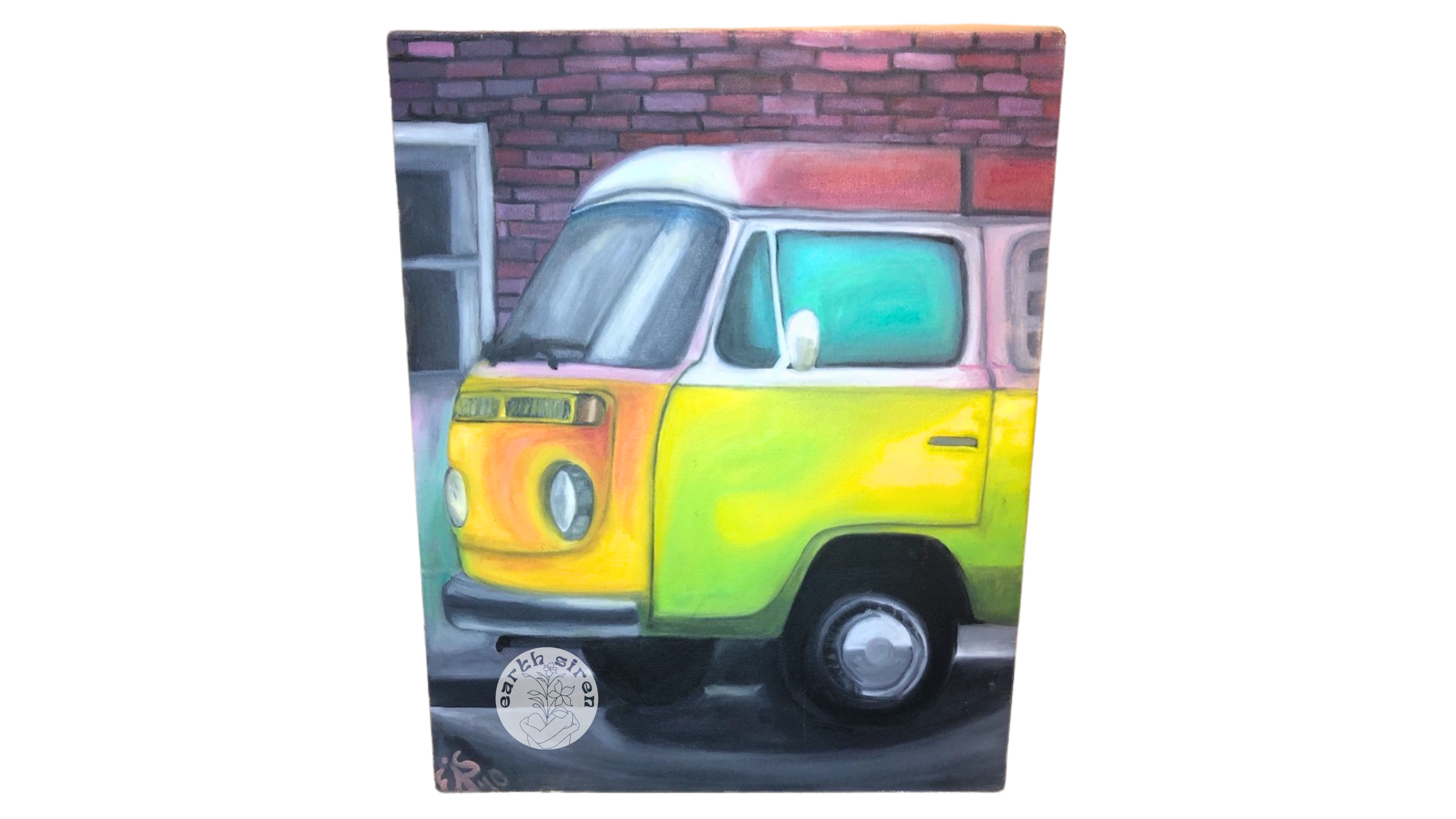 Oil painting by Elizabeth Schirk for The Earth Siren of a vibrant yellow VW camper van parked beside a red brick wall. Realistic and nostalgic tone