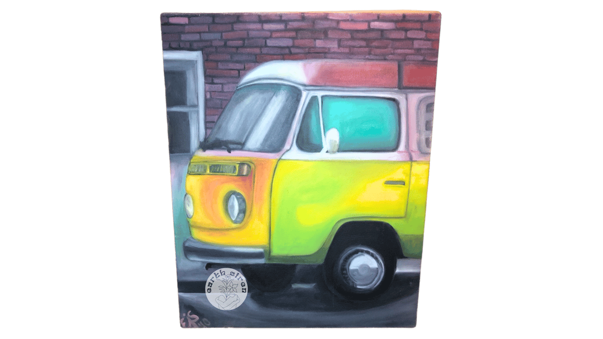 Oil painting by Elizabeth Schirk for The Earth Siren of a vibrant yellow VW camper van parked beside a red brick wall. Realistic and nostalgic tone