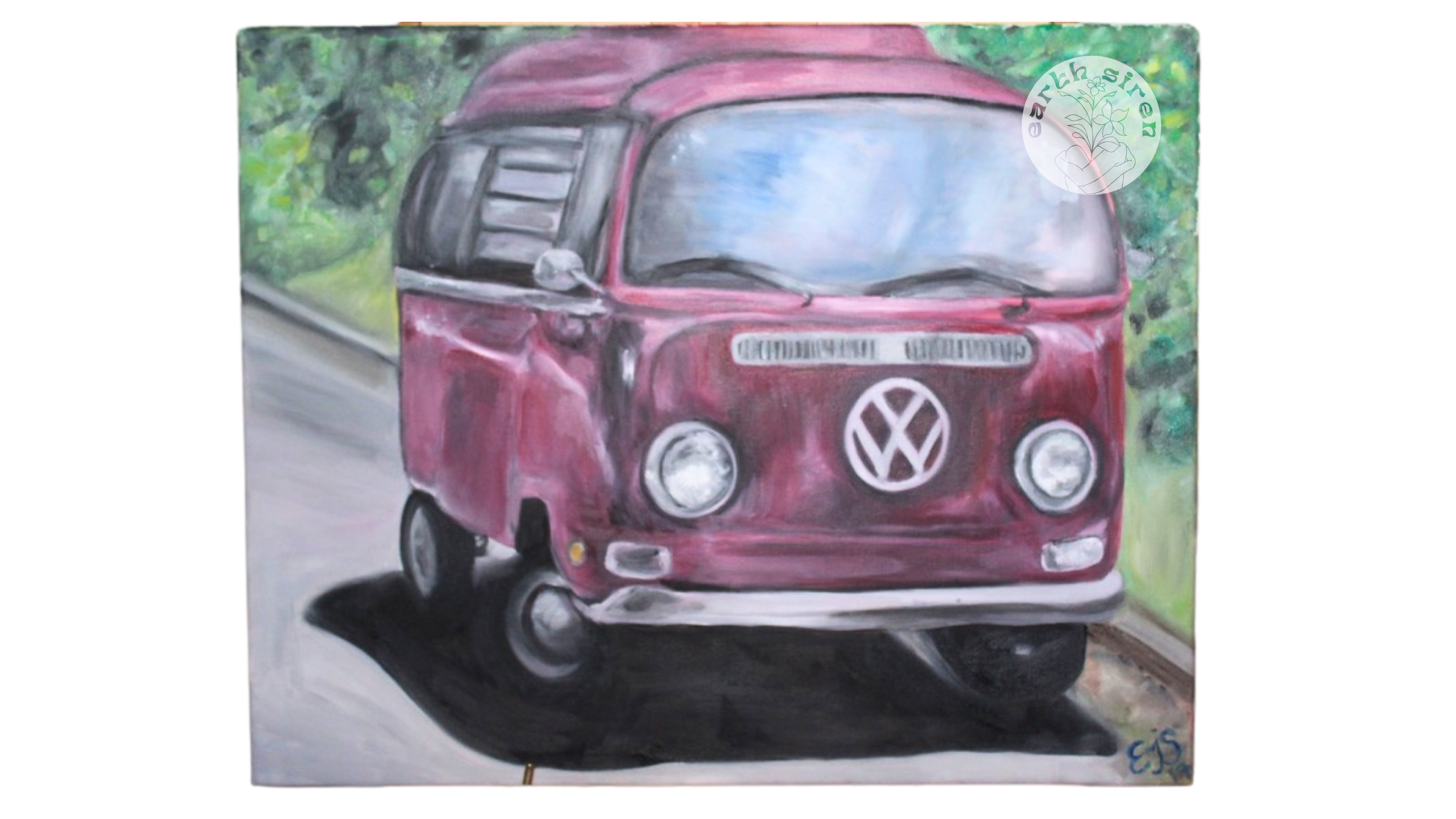 Oil painting by Elizabeth Schirk for The Earth Siren of a vintage red Volkswagen van driving along a tree-lined road