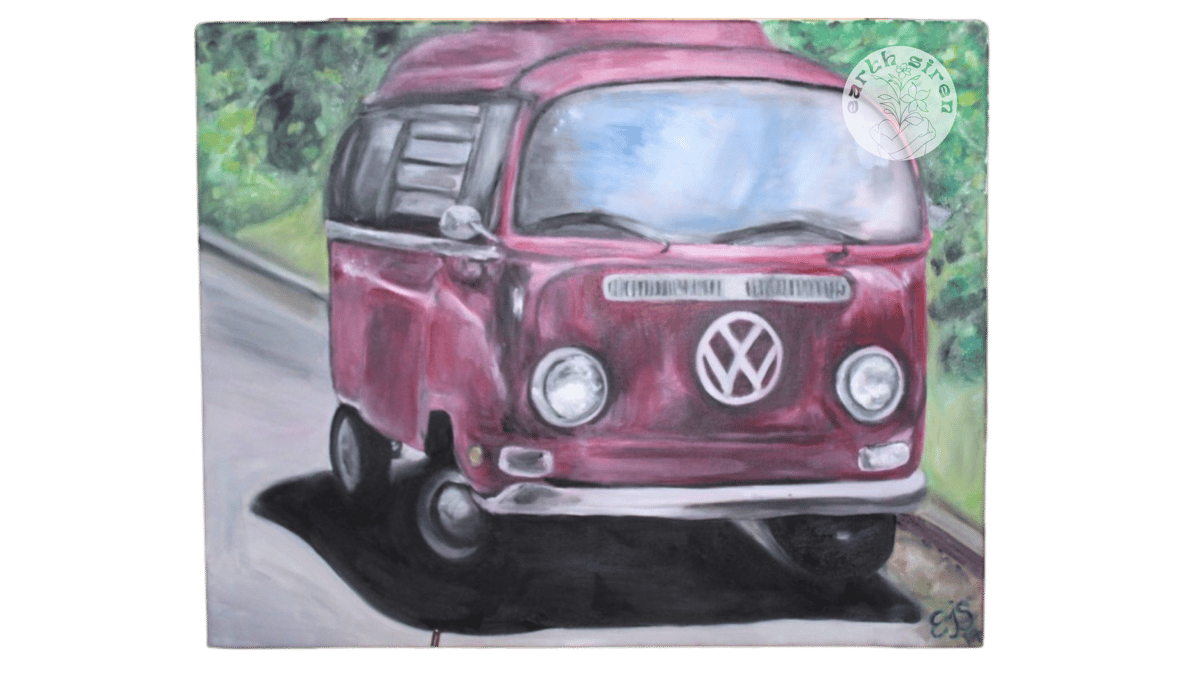Oil painting by Elizabeth Schirk for The Earth Siren of a vintage red Volkswagen van driving along a tree-lined road