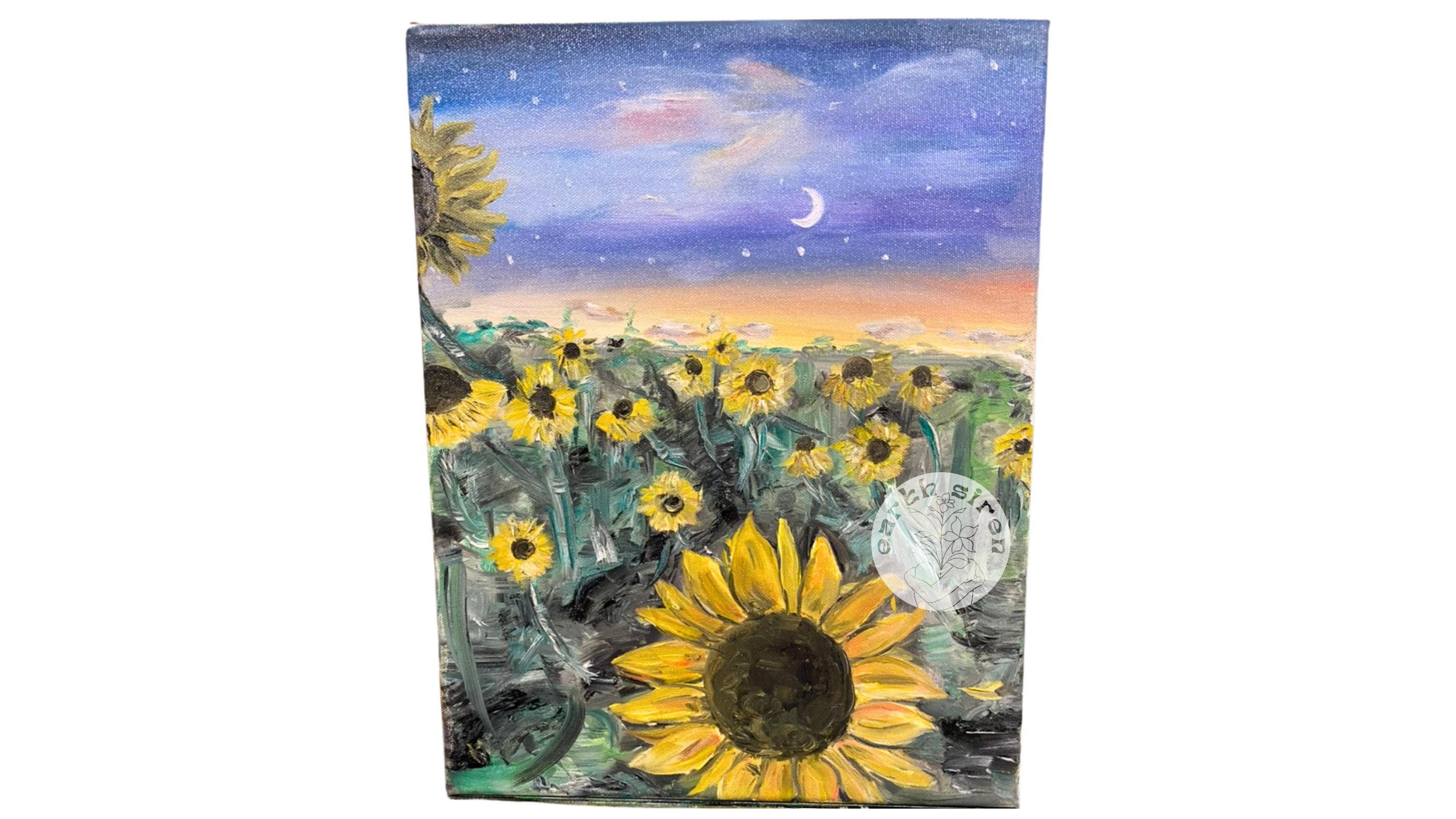 Oil painting of a glowing sunflower field at dusk by Elizabeth Schirk for The Earth Siren. Features a crescent moon, soft stars, and rich golden blooms under a dreamy purple sky