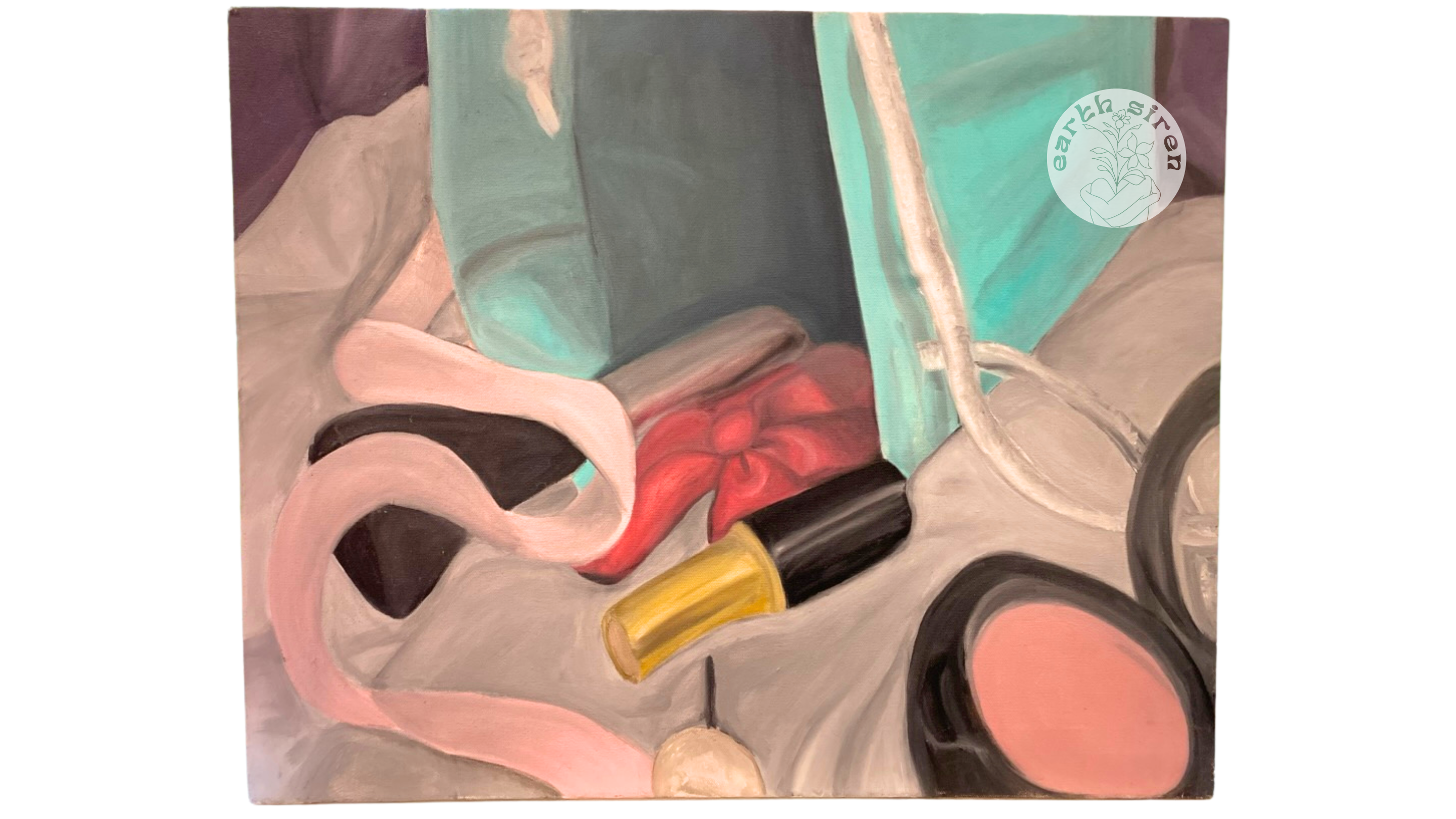Still life oil painting by Elizabeth Schirk for The Earth Siren showing makeup items, a ribbon, and accessories in soft pastel tones
