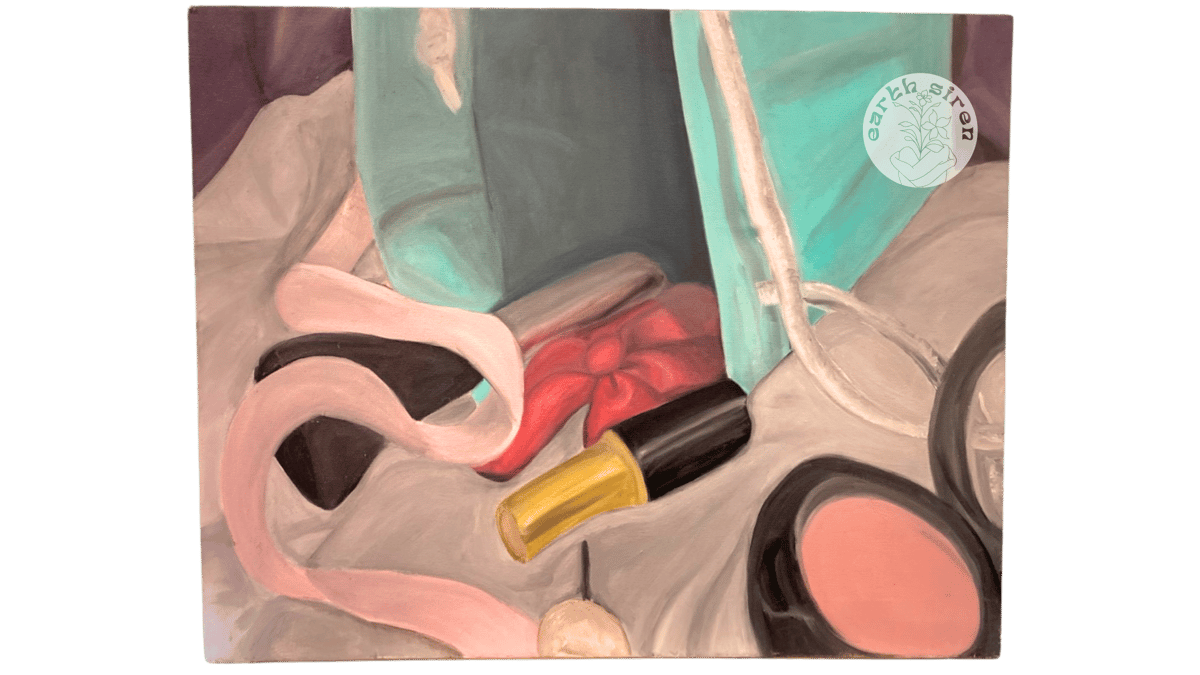 Still life oil painting by Elizabeth Schirk for The Earth Siren showing makeup items, a ribbon, and accessories in soft pastel tones