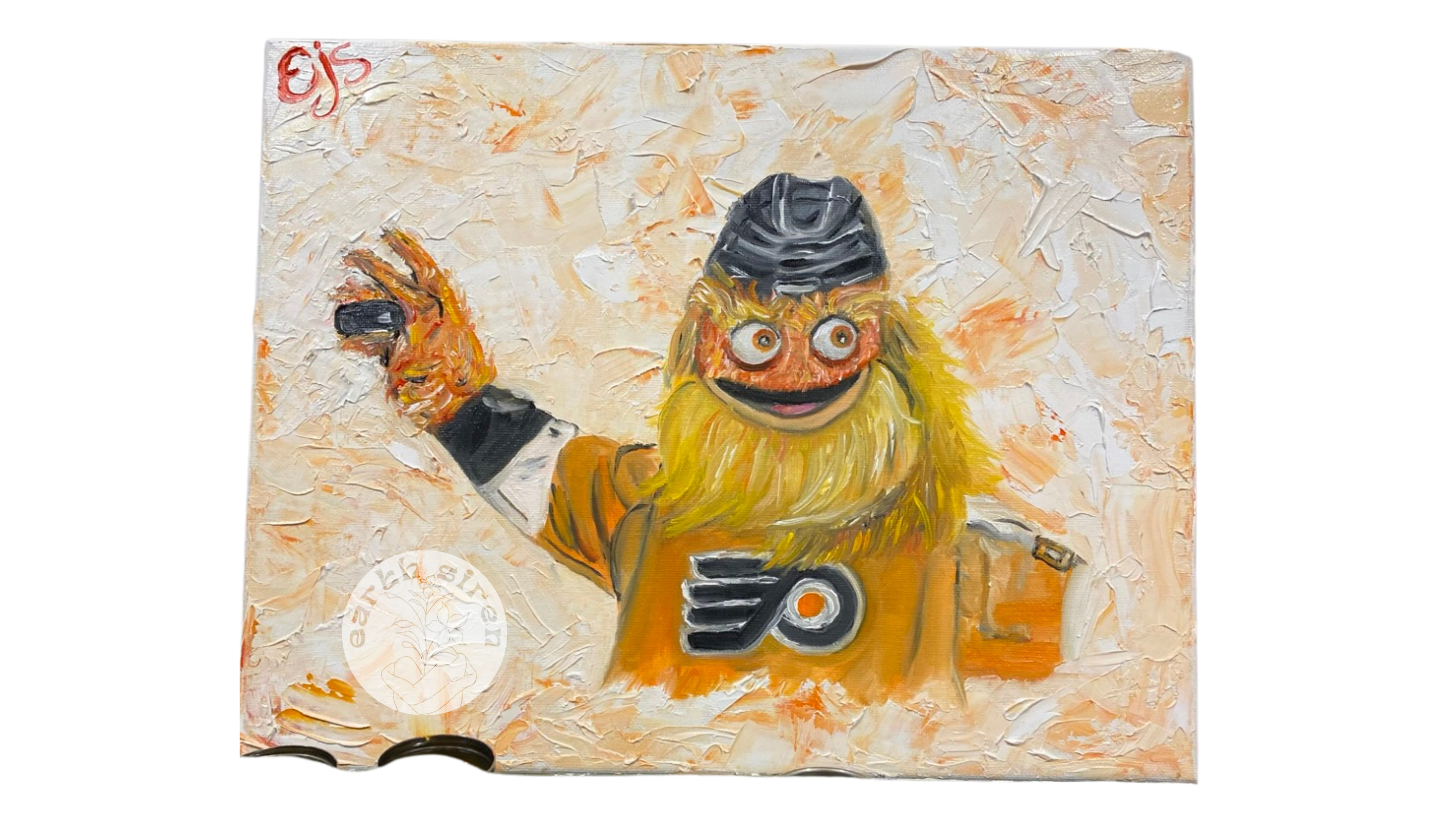 Textured oil painting by Elizabeth Schirk for The Earth Siren of Gritty, the Philadelphia Flyers mascot, painted in thick, playful strokes