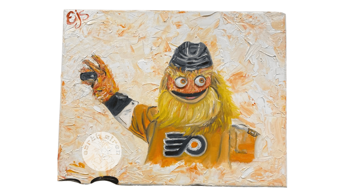 Textured oil painting by Elizabeth Schirk for The Earth Siren of Gritty, the Philadelphia Flyers mascot, painted in thick, playful strokes